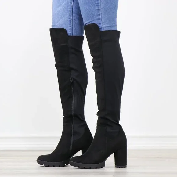 Black Thigh High Over The Knee Lug Block Heel Boots Faux Suede Round Toe - Picture 14 of 14